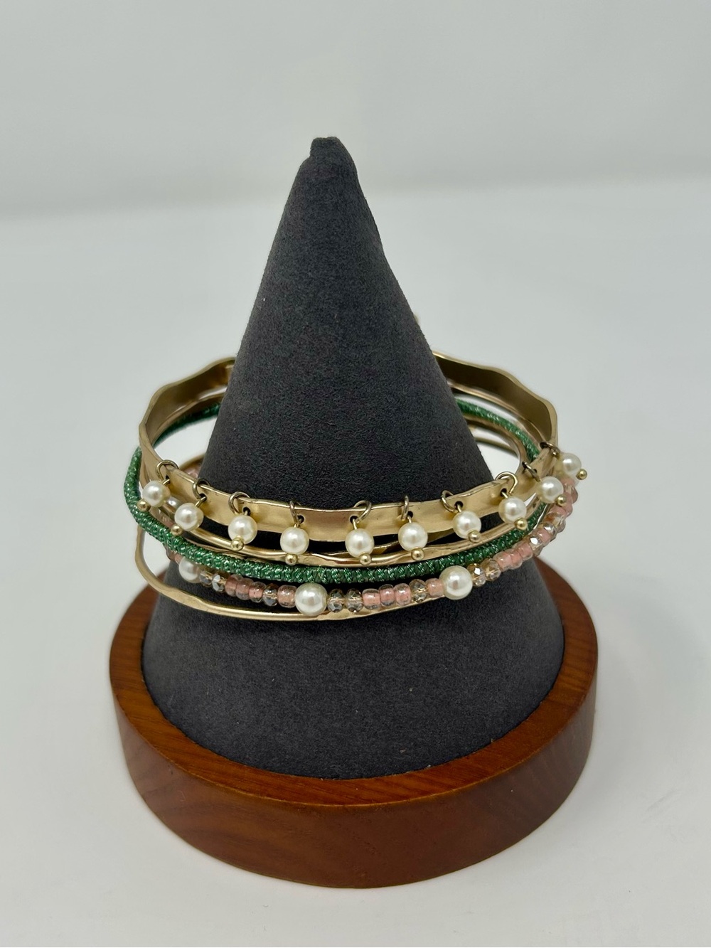 Boho Chic Gold-Tone Stacked Bangle Bracelet Pink, Green & Faux Pearl Accents